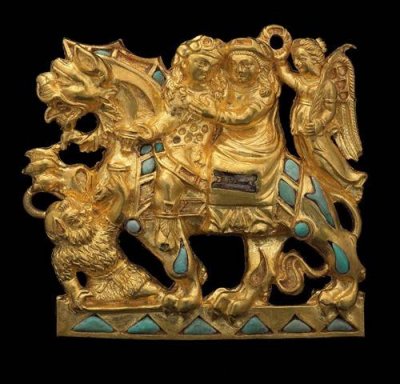 Αρχαία Ελληνική χρυσή πόρπη - κοσμημα με τιρκουάζ