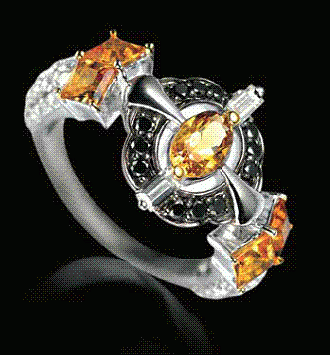 Δαχτυλίδι με άσπρα και μαύρα διαμάντια, όνυχα και εσσονίτη